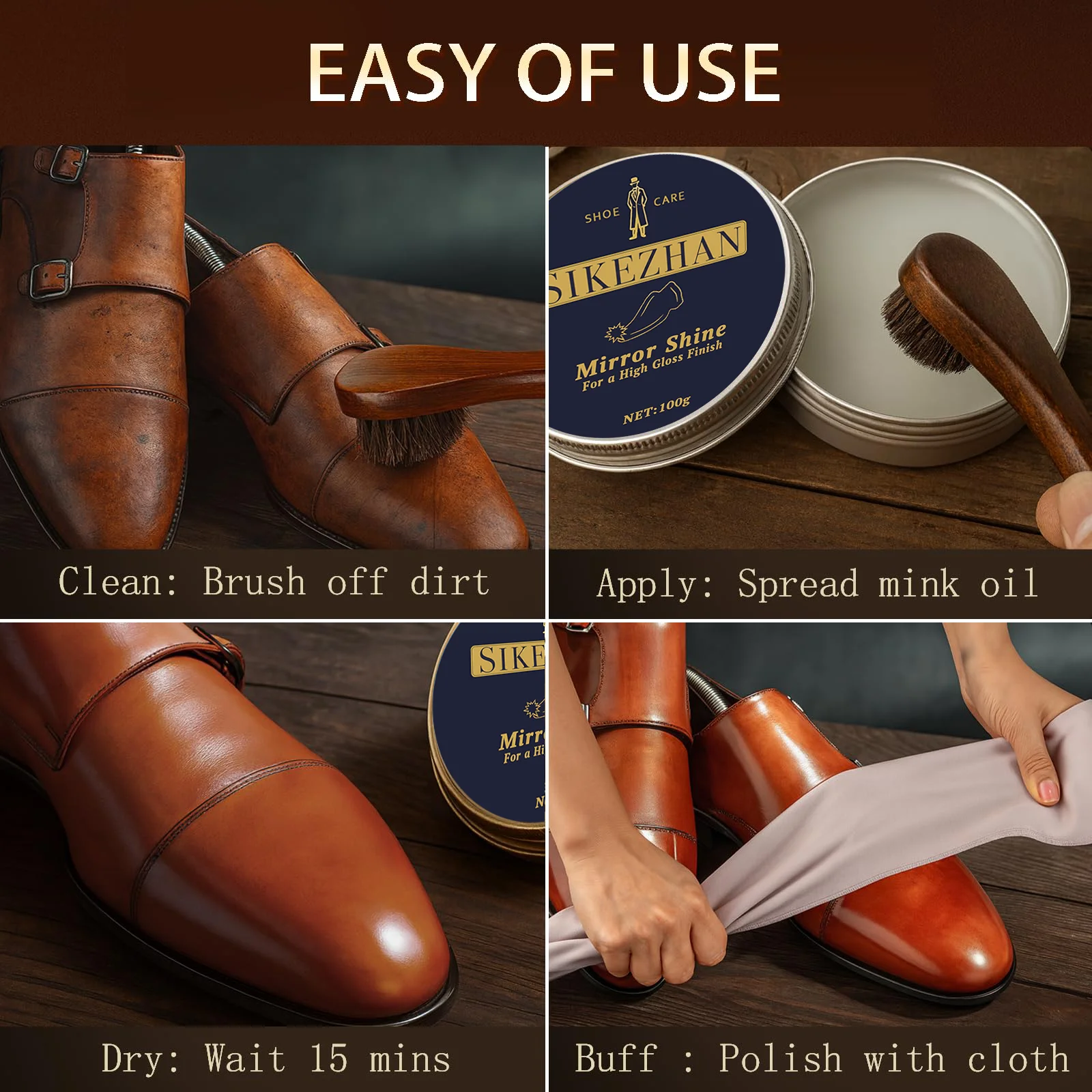 Neutral Shoe Polish Wax Leather Care Paste And Wooden Handle Horsehair Dauber Brush Kit For Boots Cleaning Mirror Shine Finishes thumbnail 2