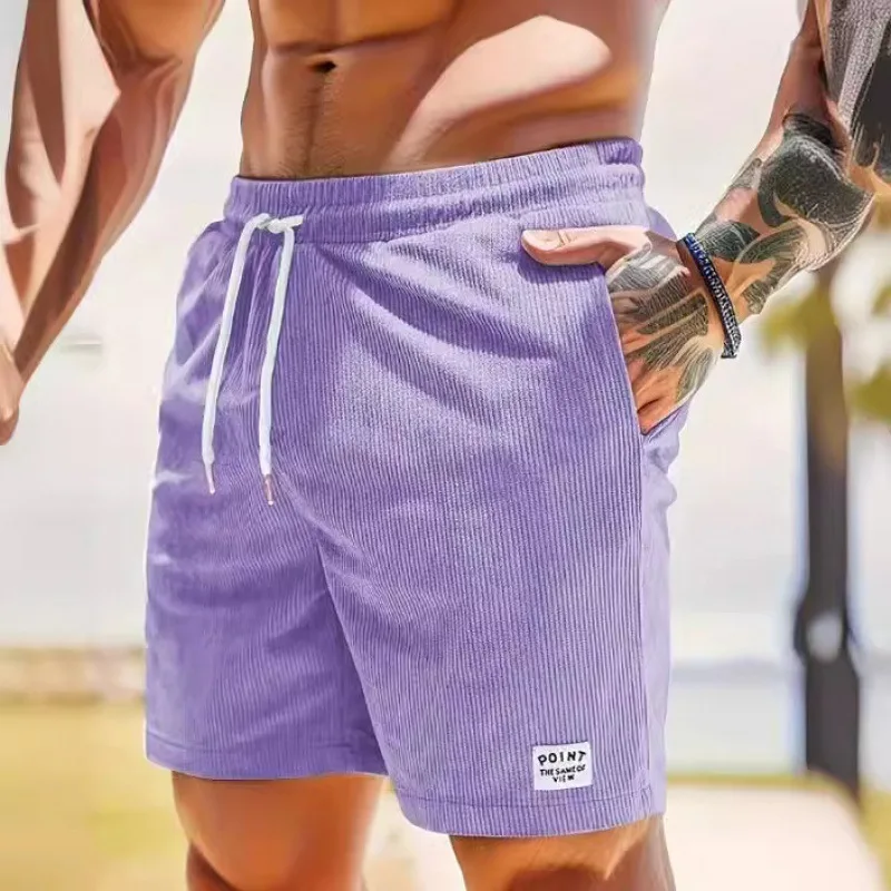 2026 Summer Casual Mens Solid Color Bottoms Vintage Striped Textured Corduroy Shorts Men Daily Leisure Loose Straight Short Pant