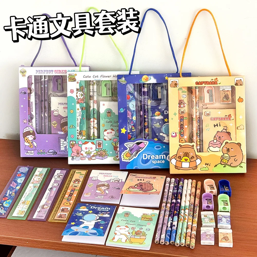 5pcs/Set Cartoon Capibala Kids Stationery Gift Ruler Notebook Pencil Eraser Pencil Sharpener Stationery Set Student Reward Gift thumbnail 3