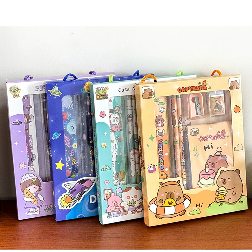 5pcs/Set Cartoon Capibala Kids Stationery Gift Ruler Notebook Pencil Eraser Pencil Sharpener Stationery Set Student Reward Gift