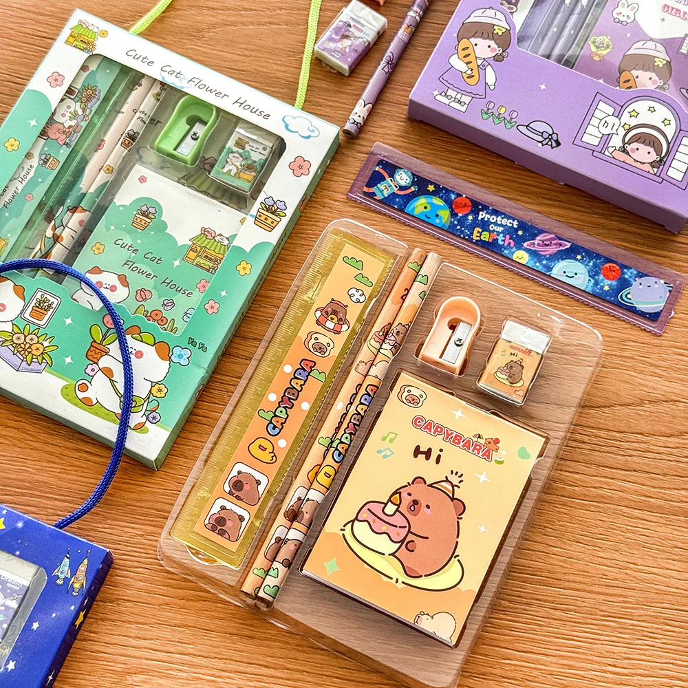 5pcs/Set Cartoon Capibala Kids Stationery Gift Ruler Notebook Pencil Eraser Pencil Sharpener Stationery Set Student Reward Gift thumbnail 6