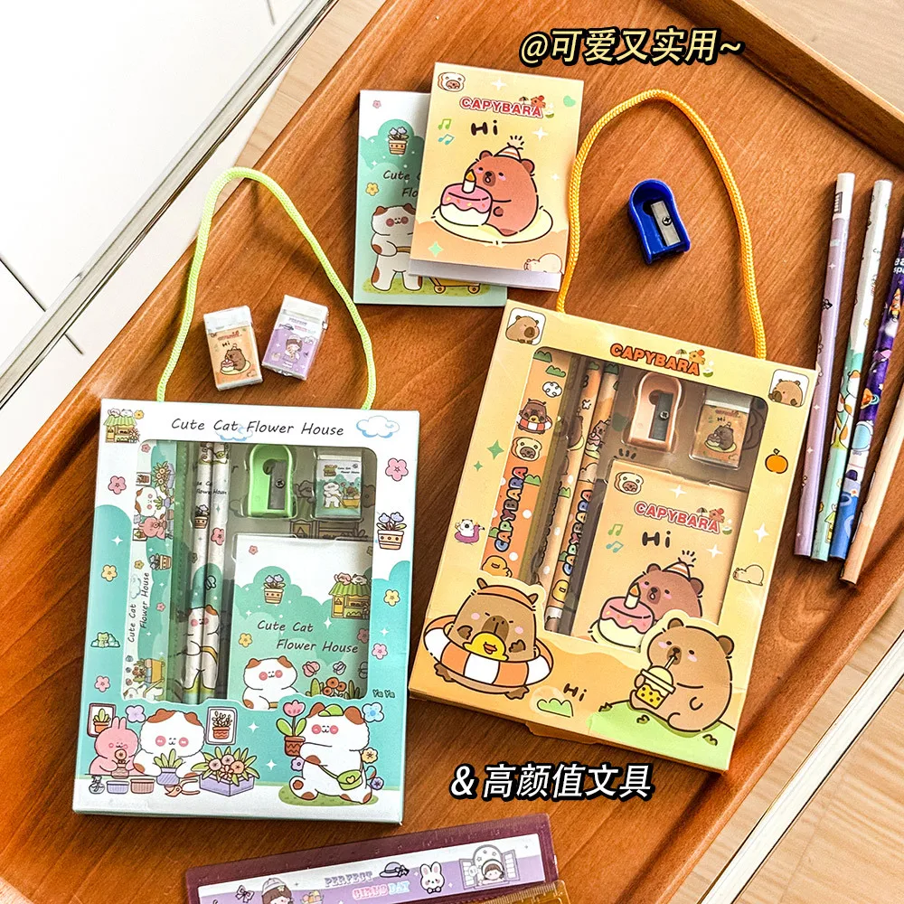 5pcs/Set Cartoon Capibala Kids Stationery Gift Ruler Notebook Pencil Eraser Pencil Sharpener Stationery Set Student Reward Gift thumbnail 4