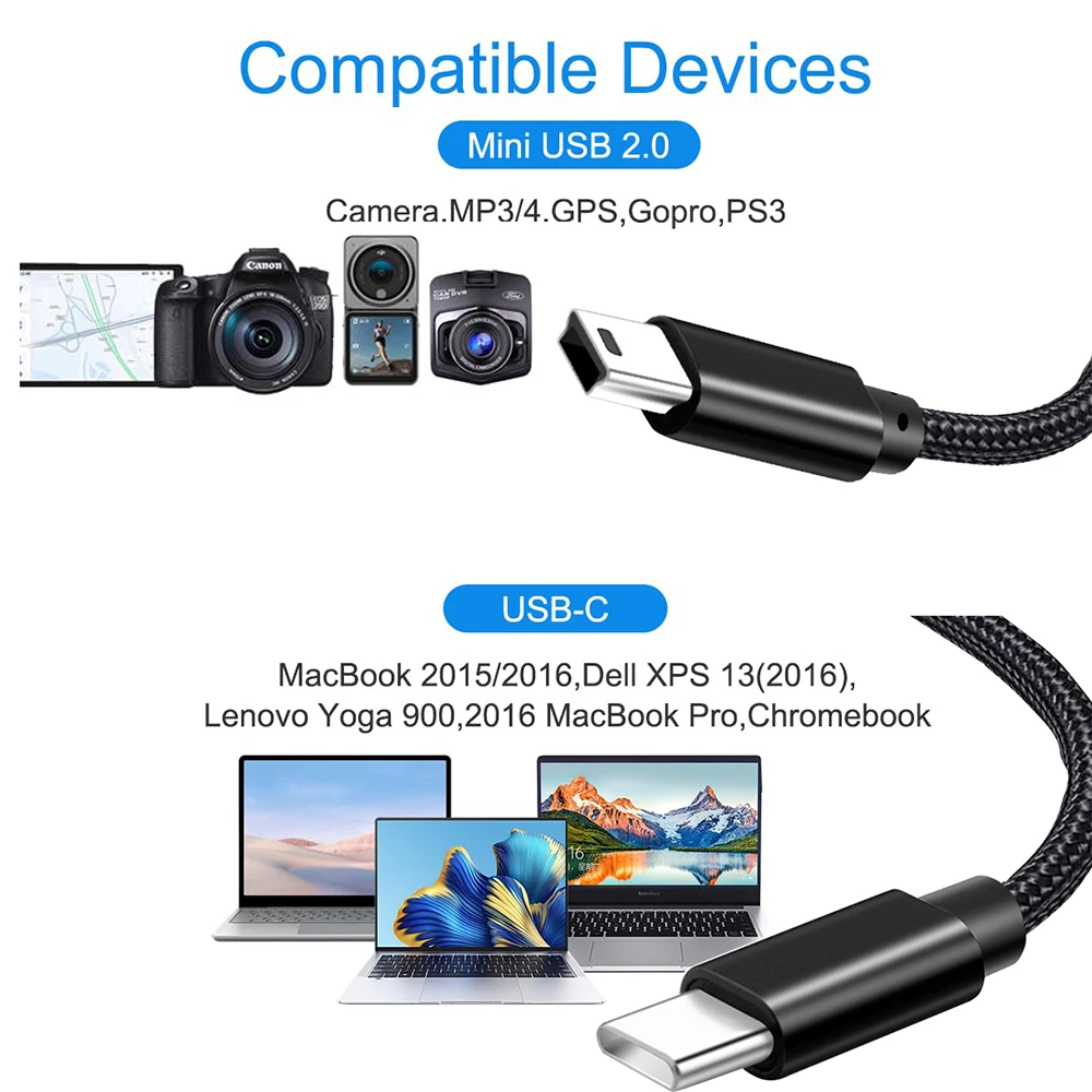 Type C to Mini USB cable Ultra short USB C to USB mini-5pin charging data cable cord for MP3 MP4 GPS Camera Dash Cam HERO 3 thumbnail 3