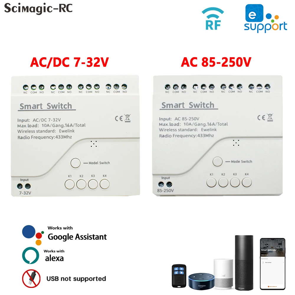 Ewelink Smart Wifi Module Switch 7-32V 85-250V  RF433 Remote Control 4CH DIY Relay Work With Alexa Google Home