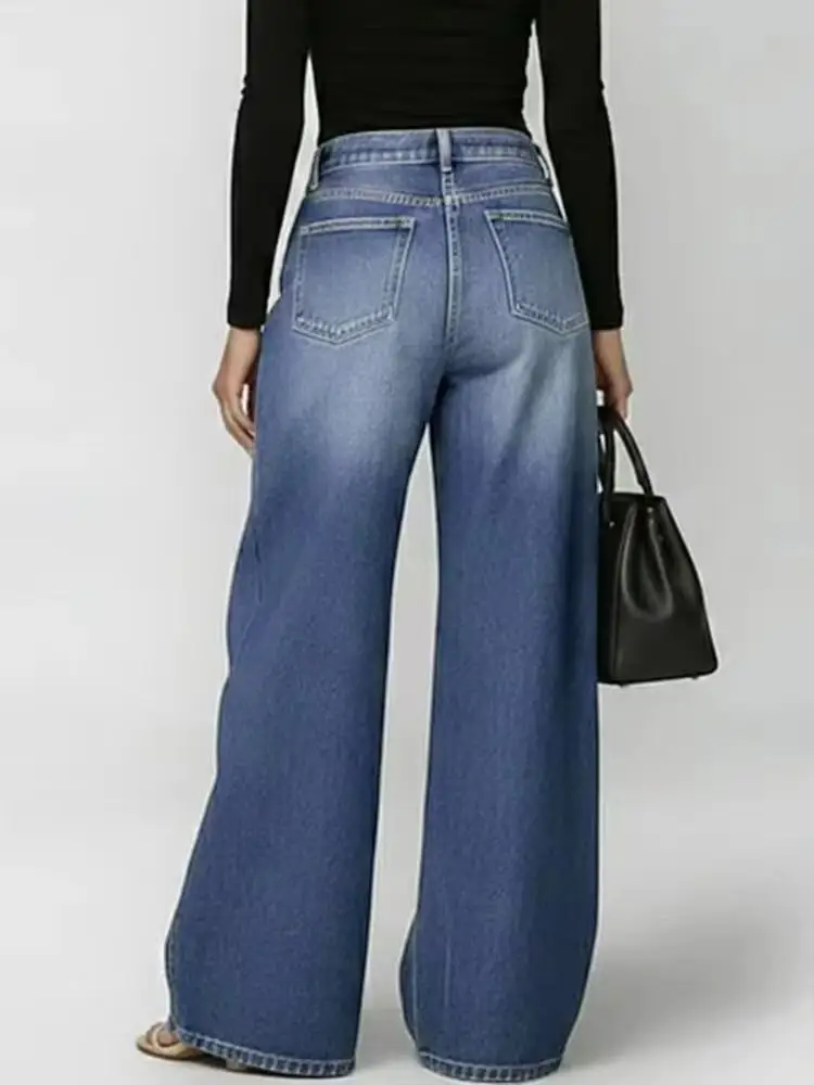 Women Trendy Washed Blue Denim Jeans High Waist Wide Leg Metal Eyelet Cutout Pants Baggy Streetwear Trousers For Casual Wear thumbnail 2