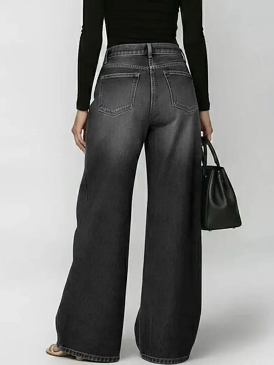 Women Trendy Washed Blue Denim Jeans High Waist Wide Leg Metal Eyelet Cutout Pants Baggy Streetwear Trousers For Casual Wear thumbnail 6