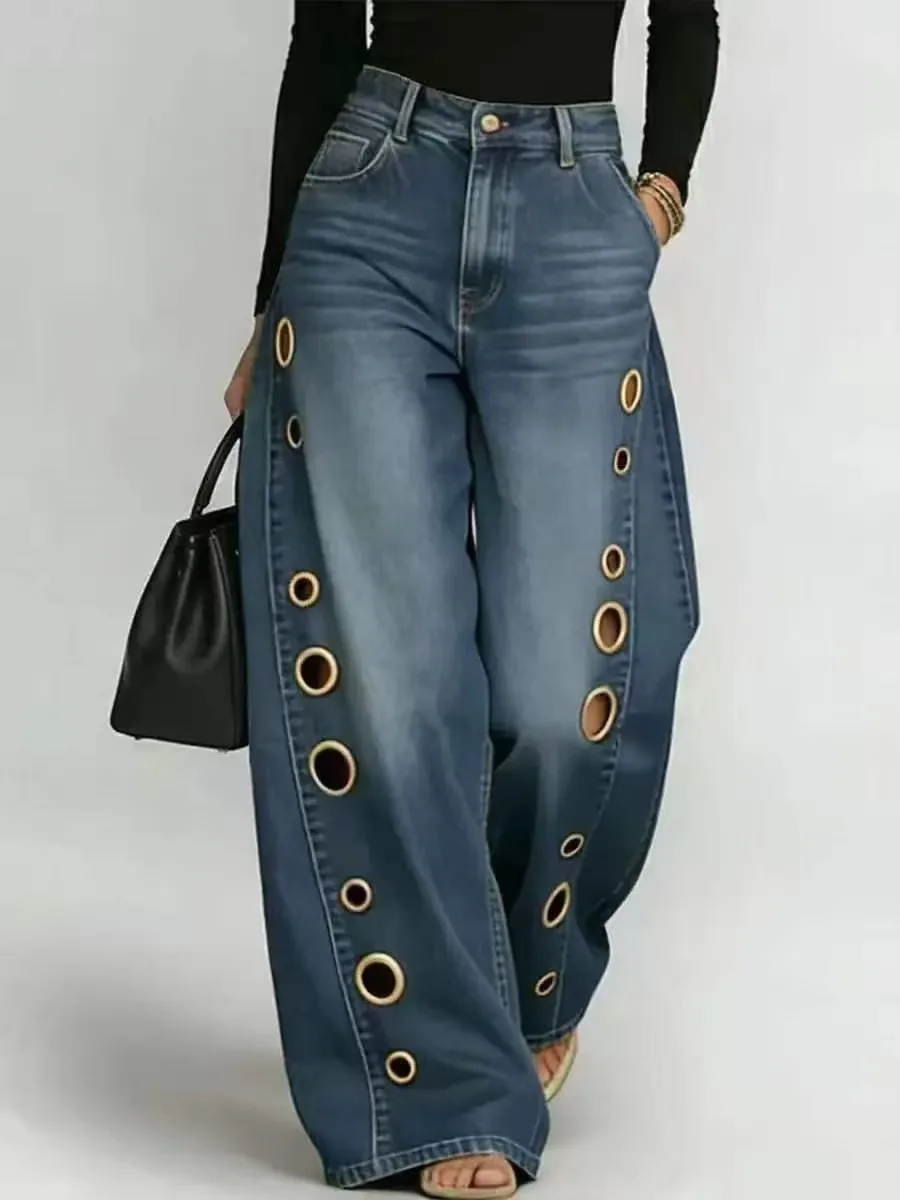 Women Trendy Washed Blue Denim Jeans High Waist Wide Leg Metal Eyelet Cutout Pants Baggy Streetwear Trousers For Casual Wear thumbnail 3
