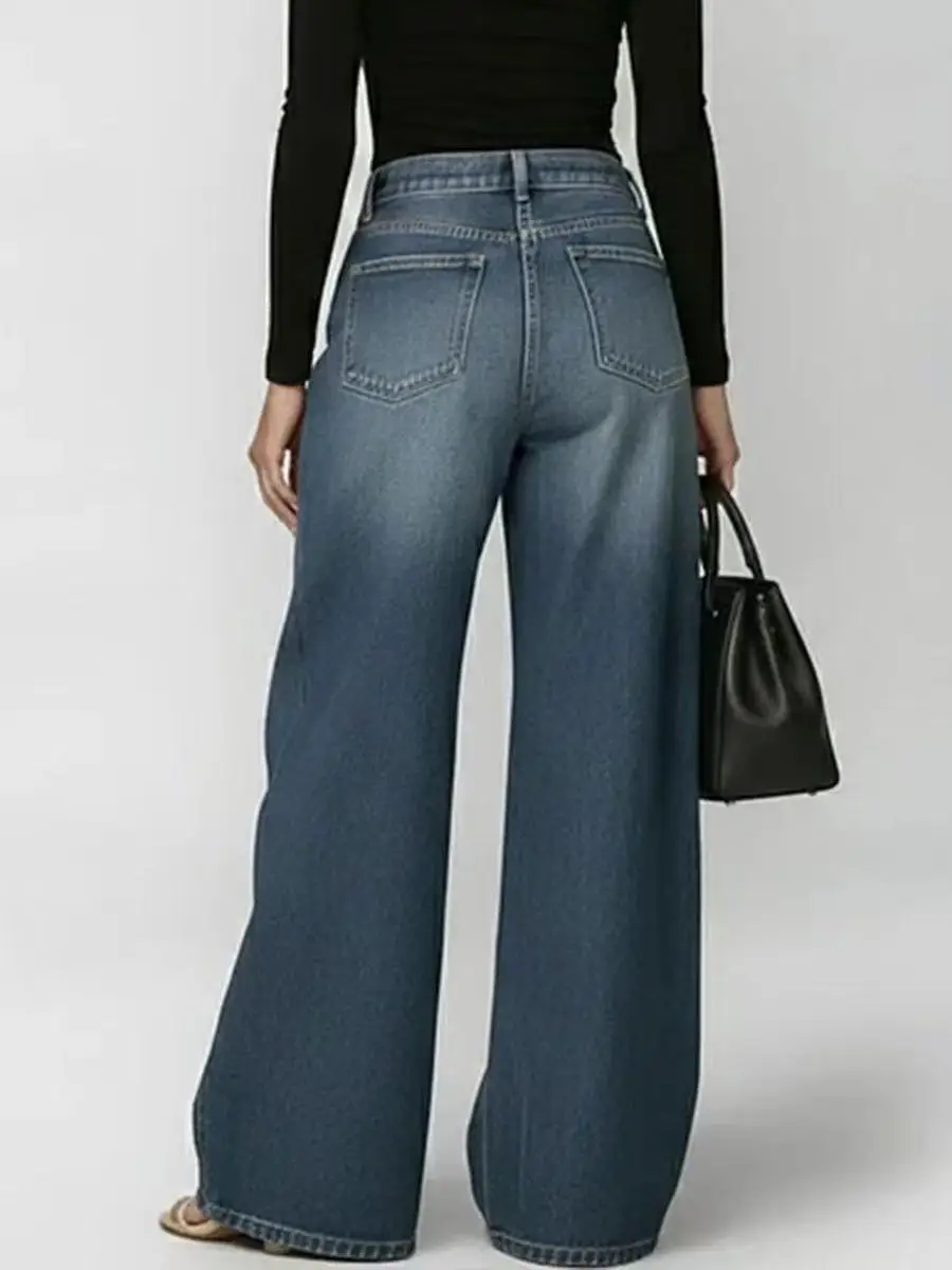 Women Trendy Washed Blue Denim Jeans High Waist Wide Leg Metal Eyelet Cutout Pants Baggy Streetwear Trousers For Casual Wear thumbnail 4