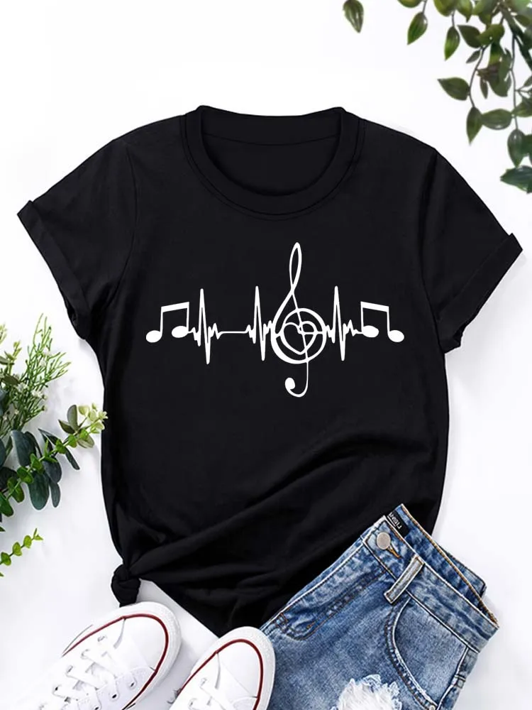 Music Note Print Women's T-Shirts Fashion Tops for Women Casual Summer Short Sleeve Tees Street Breathable Y2k T Shirt