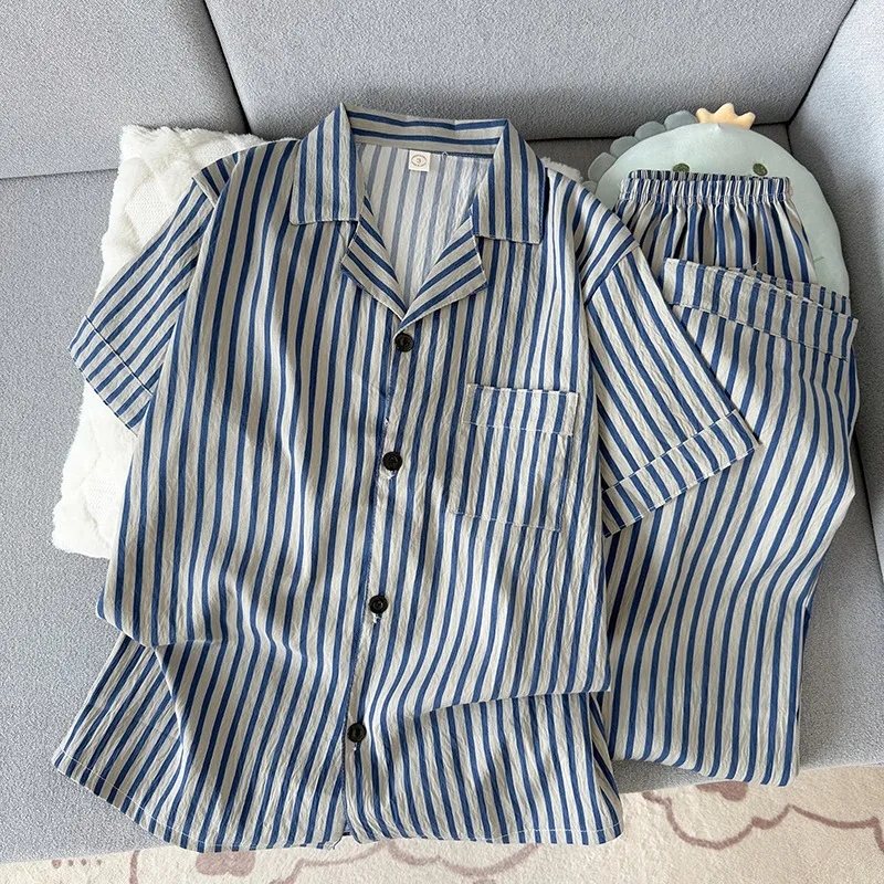 2 Piece Set Sleepwear Men Striped Vintage Pajamas Home Wear Man Nightwear Loungewear Soft Casual Summer 2026 Cool Pajamas Set thumbnail 4