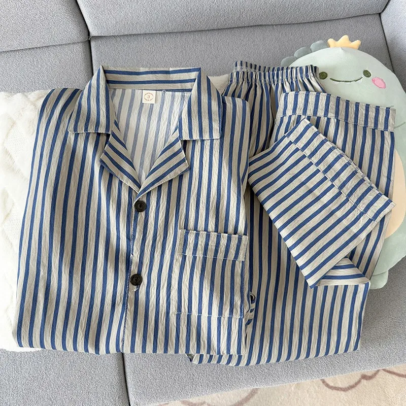 2 Piece Set Sleepwear Men Striped Vintage Pajamas Home Wear Man Nightwear Loungewear Soft Casual Summer 2026 Cool Pajamas Set thumbnail 3
