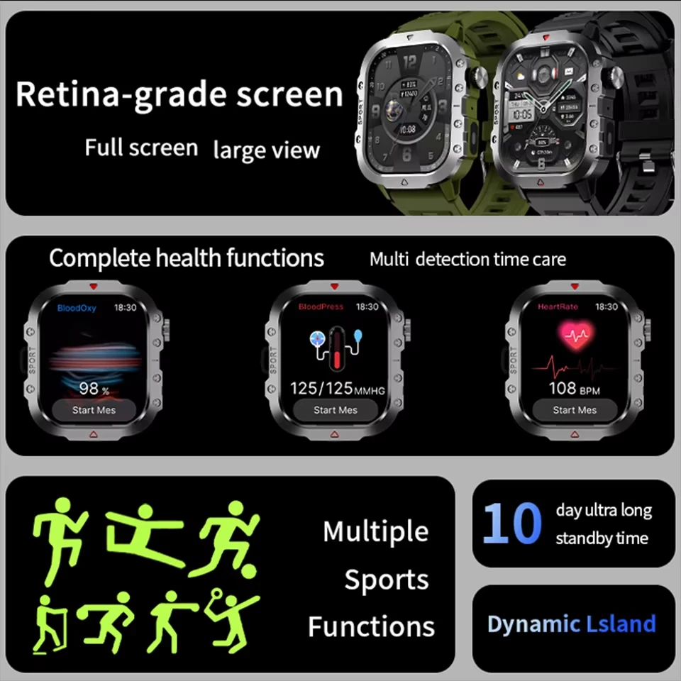 LAXASFIT 2026 New Military Smart Watch Men Outdoor Sports Fitness Tracker Health Monitoring 2.01 Inch Bluetooth Call Smartwatch thumbnail 6