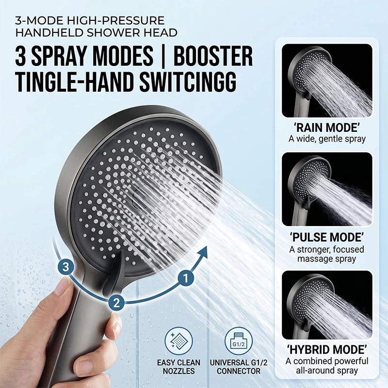 High Pressure Handheld Shower Head with 3 Spray Modes, Black Multi-Function Booster Sprayer thumbnail 2