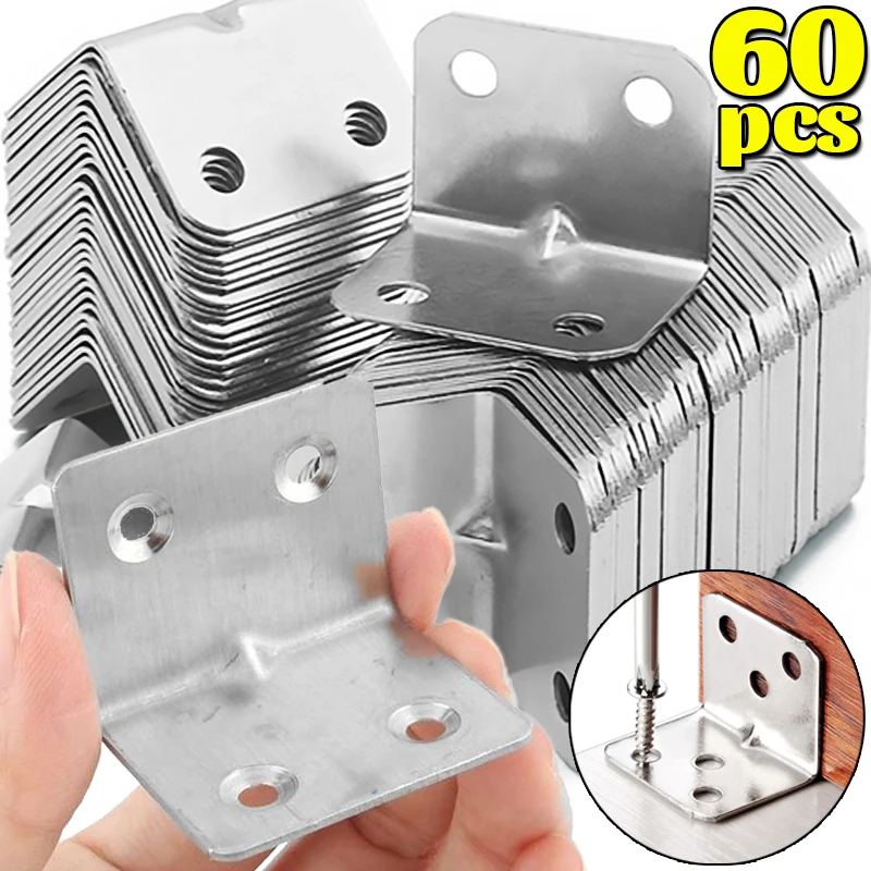 60/10PCS Universal Stainless Steel Corner Bracket 90 Degree Right Angle Fixed Bracket Wood Furniture Bedframe Cabinet Accessorie