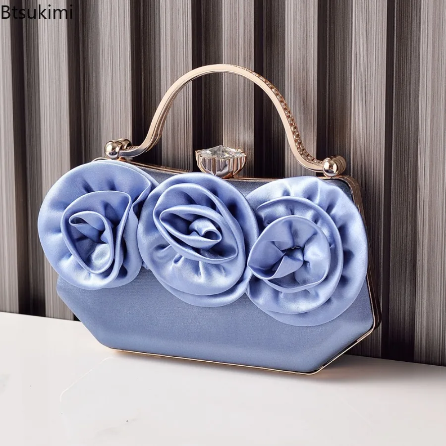New Women Silk Rose Flower Handbags Wedding Bridal Clutch Bag Metal Chain Shoulder Bag Ladies Crossbody Bags Purse Chic Tote Bag thumbnail 3