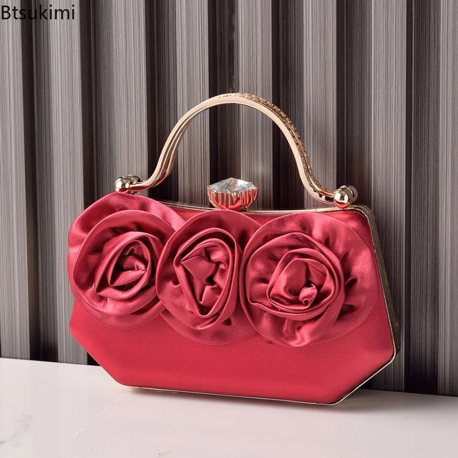 New Women Silk Rose Flower Handbags Wedding Bridal Clutch Bag Metal Chain Shoulder Bag Ladies Crossbody Bags Purse Chic Tote Bag thumbnail 2