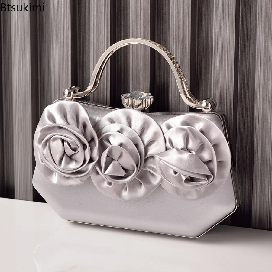New Women Silk Rose Flower Handbags Wedding Bridal Clutch Bag Metal Chain Shoulder Bag Ladies Crossbody Bags Purse Chic Tote Bag thumbnail 4