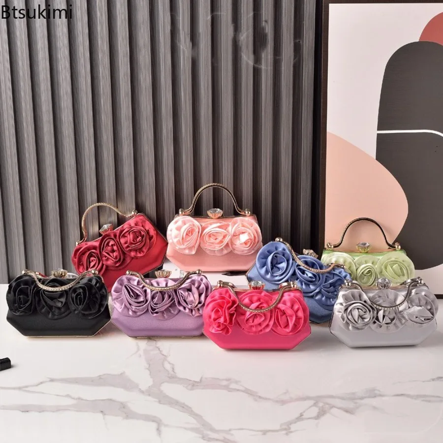 New Women Silk Rose Flower Handbags Wedding Bridal Clutch Bag Metal Chain Shoulder Bag Ladies Crossbody Bags Purse Chic Tote Bag thumbnail 5