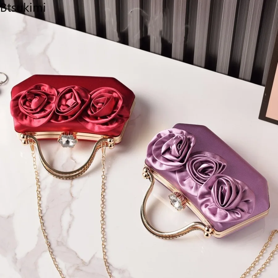 New Women Silk Rose Flower Handbags Wedding Bridal Clutch Bag Metal Chain Shoulder Bag Ladies Crossbody Bags Purse Chic Tote Bag thumbnail 6