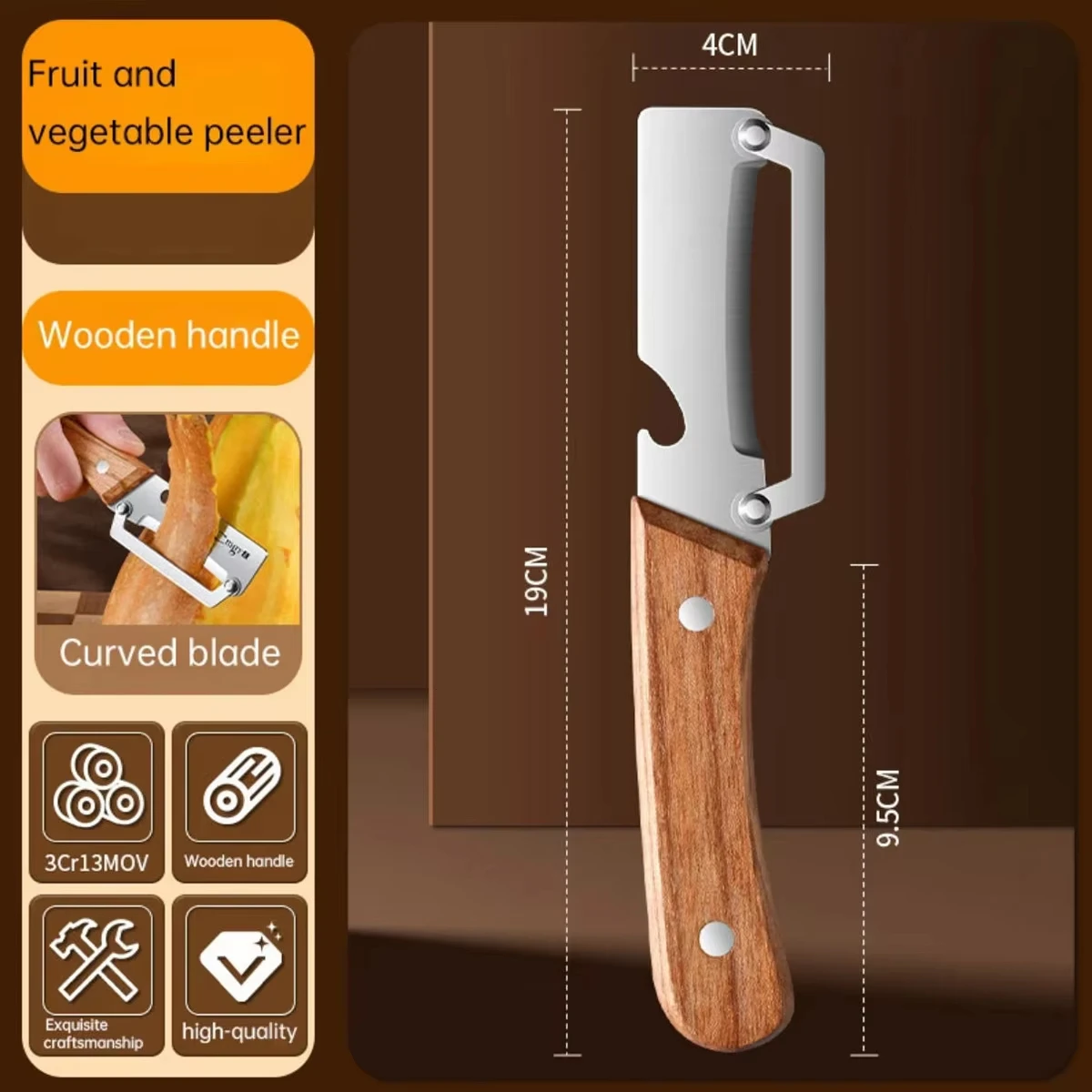 Stainless Steel Peeler Natural Wooden Handle Smooth Durable Multi Purpose Kitchen Gadget For Fruit Vegetable Peeling And Slicing thumbnail 2