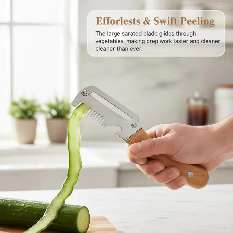 Stainless Steel Peeler Natural Wooden Handle Smooth Durable Multi Purpose Kitchen Gadget For Fruit Vegetable Peeling And Slicing thumbnail 4