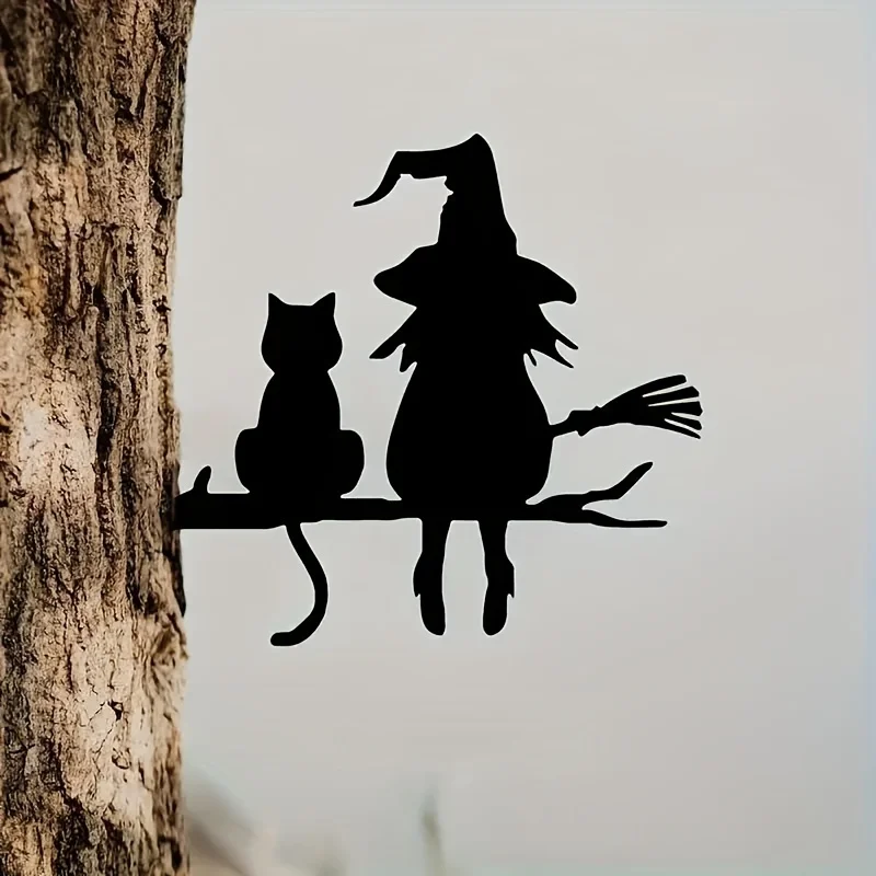 Enchanting Witch and Cat Metal Silhouette Garden Sign - Perfect for Halloween and Outdoor Decorations thumbnail 3