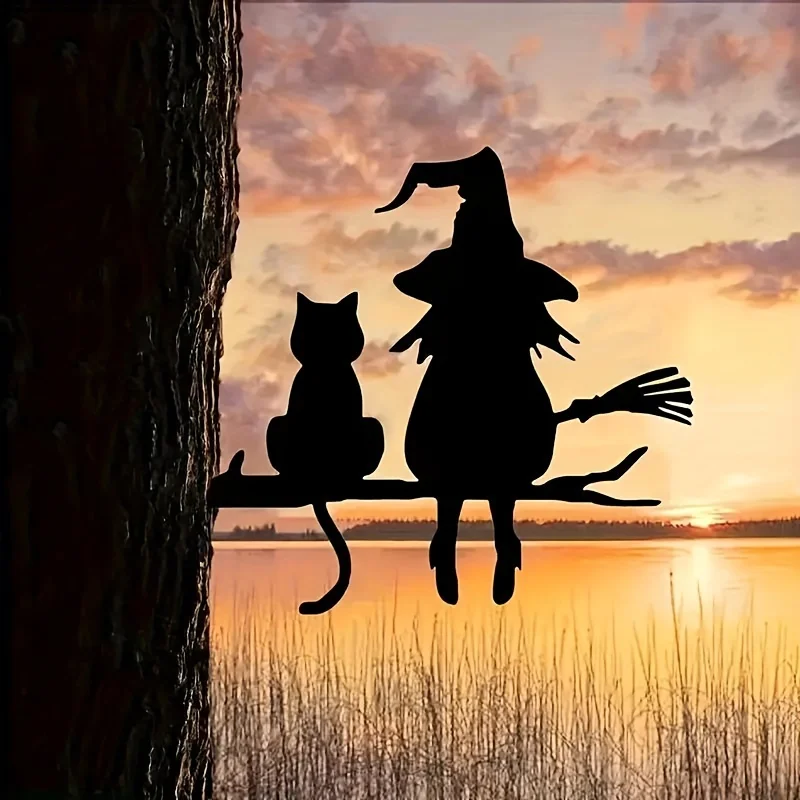 Enchanting Witch and Cat Metal Silhouette Garden Sign - Perfect for Halloween and Outdoor Decorations
