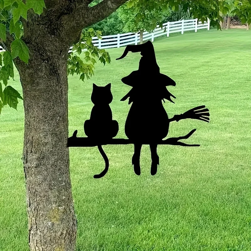 Enchanting Witch and Cat Metal Silhouette Garden Sign - Perfect for Halloween and Outdoor Decorations thumbnail 2