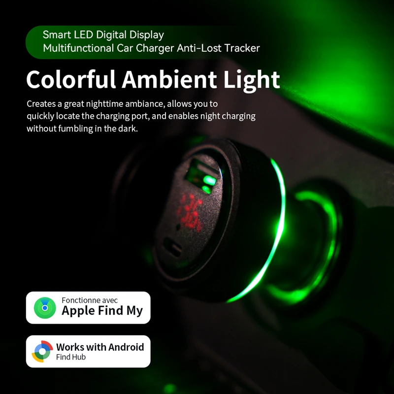 Car Charger Find My Tracker Battery Voltage Display Ambient Light PD Fast Charge USB-C Smart Tag Locator for iOS Android Google thumbnail 3