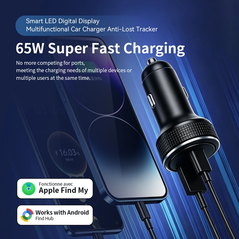 Car Charger Find My Tracker Battery Voltage Display Ambient Light PD Fast Charge USB-C Smart Tag Locator for iOS Android Google thumbnail 5
