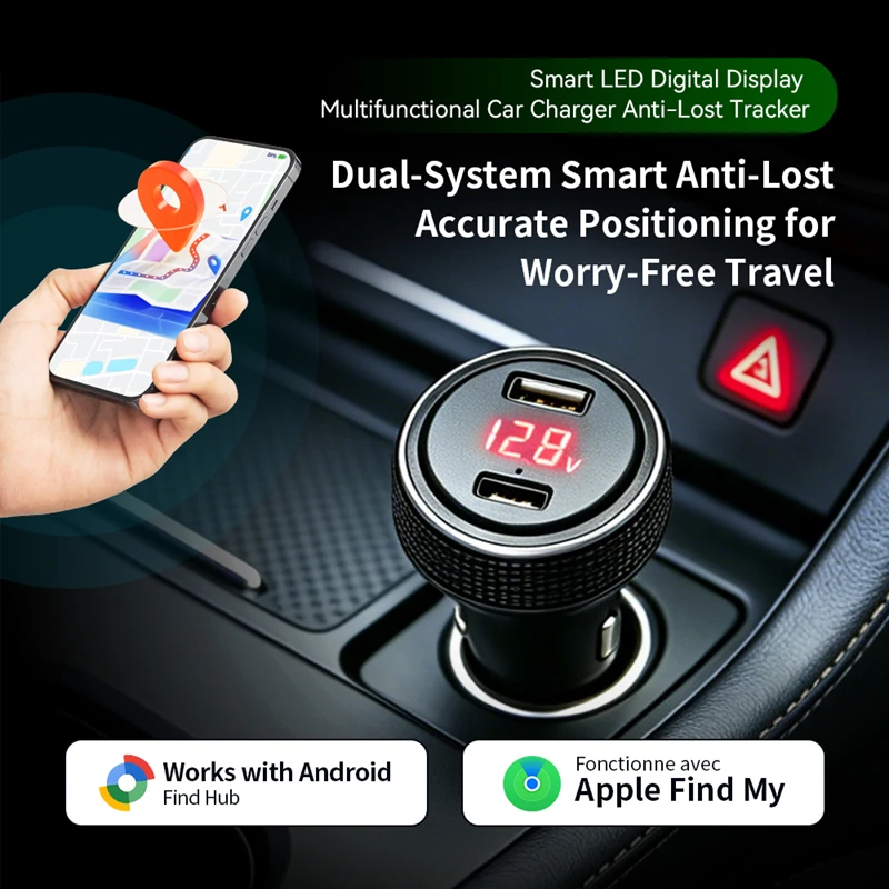 Car Charger Find My Tracker Battery Voltage Display Ambient Light PD Fast Charge USB-C Smart Tag Locator for iOS Android Google