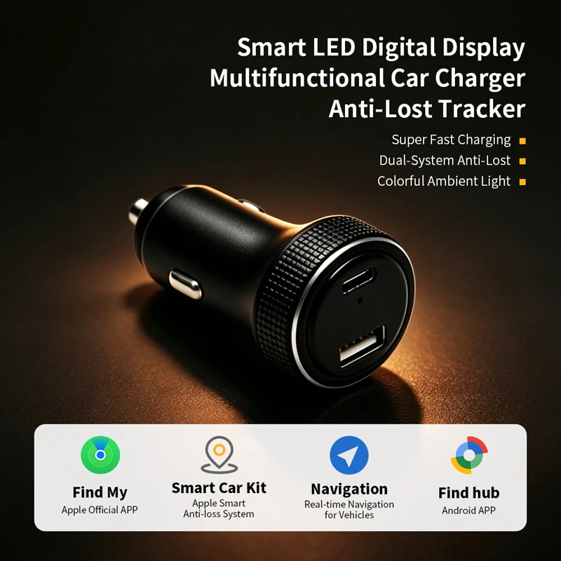 Car Charger Find My Tracker Battery Voltage Display Ambient Light PD Fast Charge USB-C Smart Tag Locator for iOS Android Google thumbnail 4