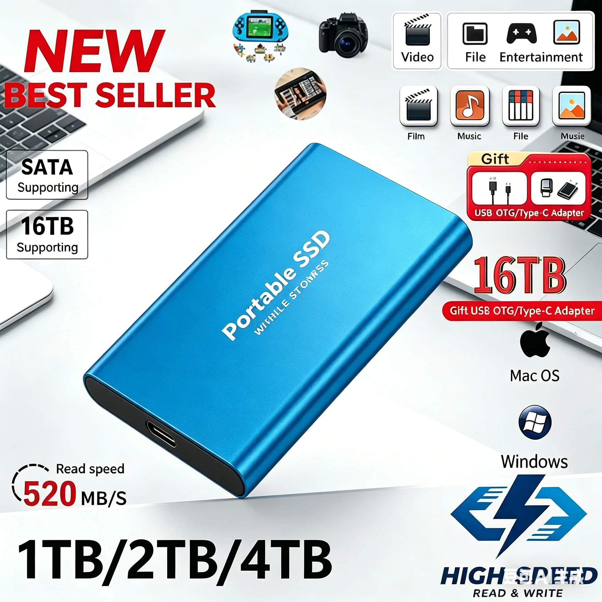 External SSD Drive 1TB/2TB/4TB Stable Fast Transmission Portable Hard Disk for Windows Laptop