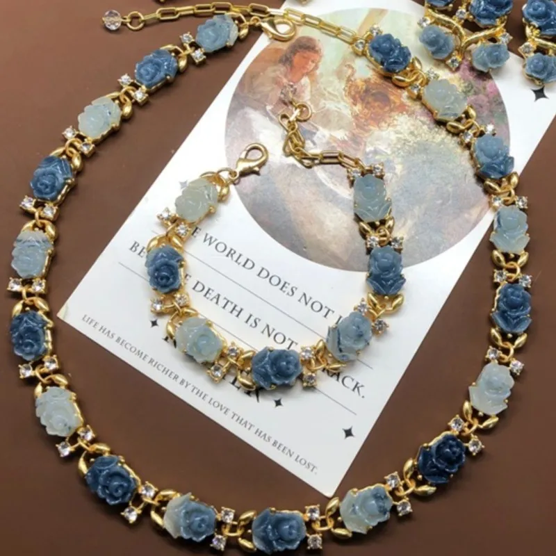 KEQIU Blue jelly resin gradient rose flower necklace, bracelet, earrings and brooch accessories thumbnail 2