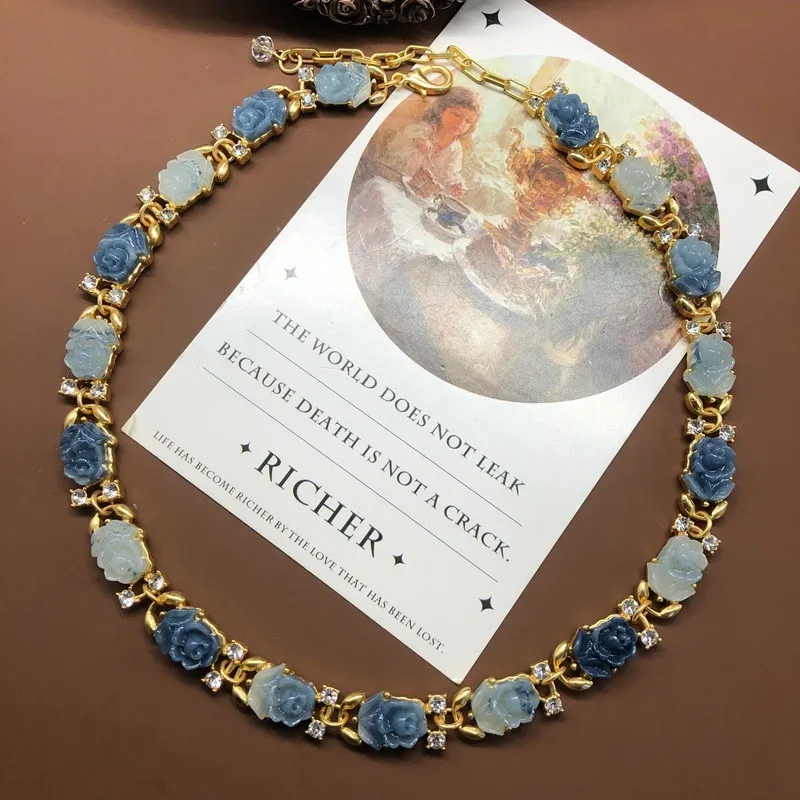 KEQIU Blue jelly resin gradient rose flower necklace, bracelet, earrings and brooch accessories thumbnail 3