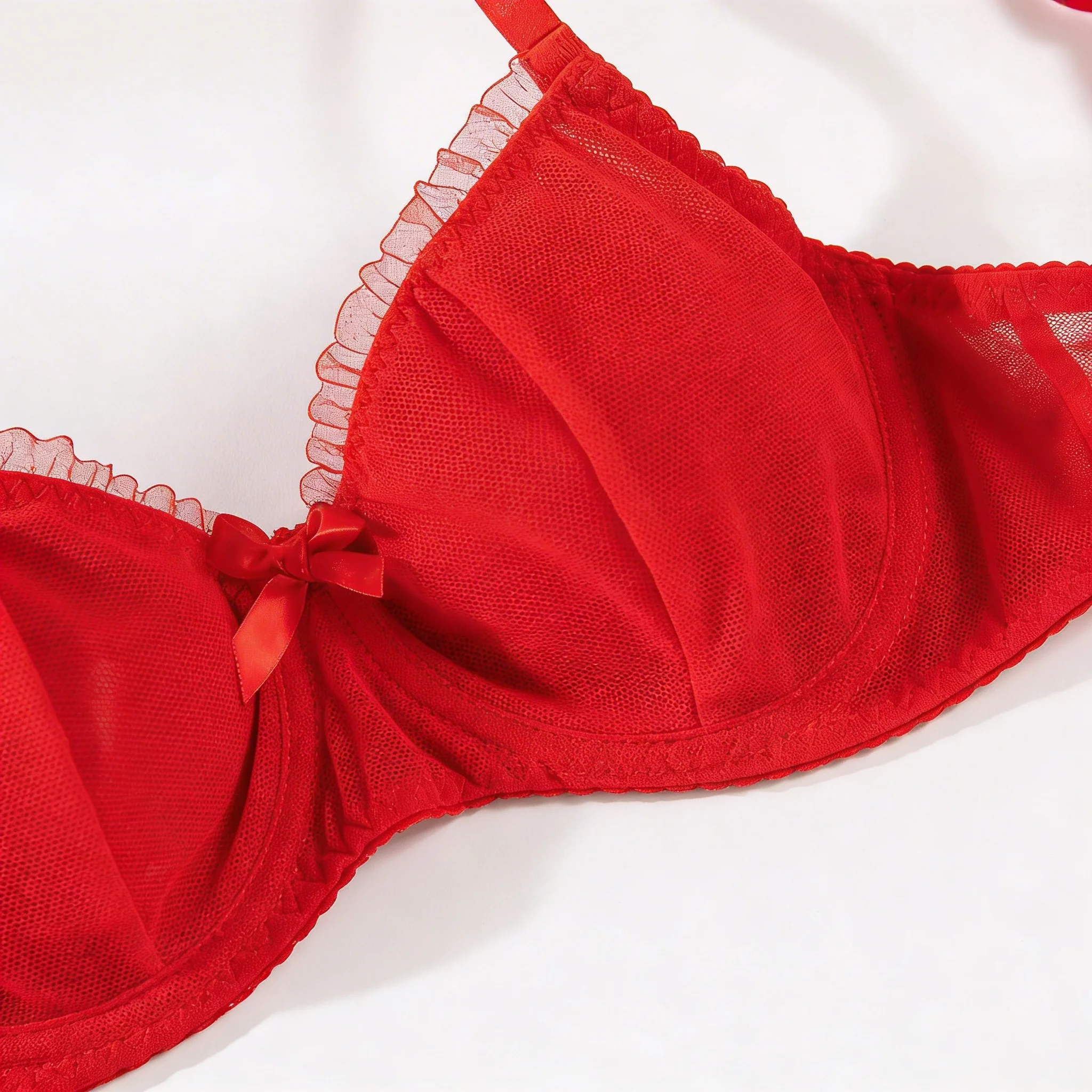 Sexy Lace See-through Lingerie Two Piece Sets Women Ruffle Bow Bra and Briefs Set Exotic Intimates Outfits Kit Push Up Underwear thumbnail 6