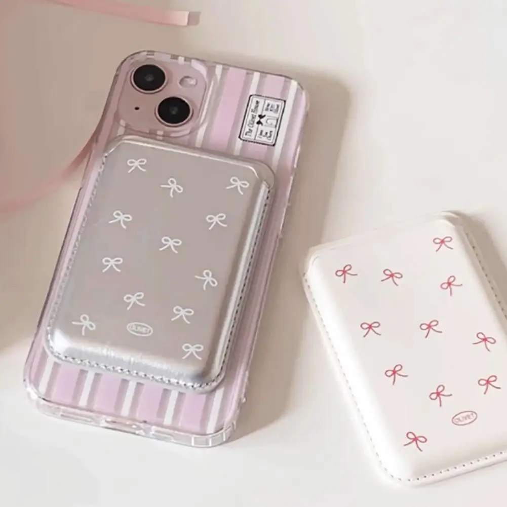 Korean Cute Bow MagSafe Wallet Magnetic Card Holder for iPhone 17 16 15 14 Pro Max PU Leather Pocket Phone Bag Accessory INS