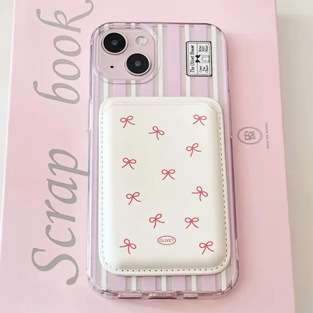 Korean Cute Bow MagSafe Wallet Magnetic Card Holder for iPhone 17 16 15 14 Pro Max PU Leather Pocket Phone Bag Accessory INS thumbnail 2