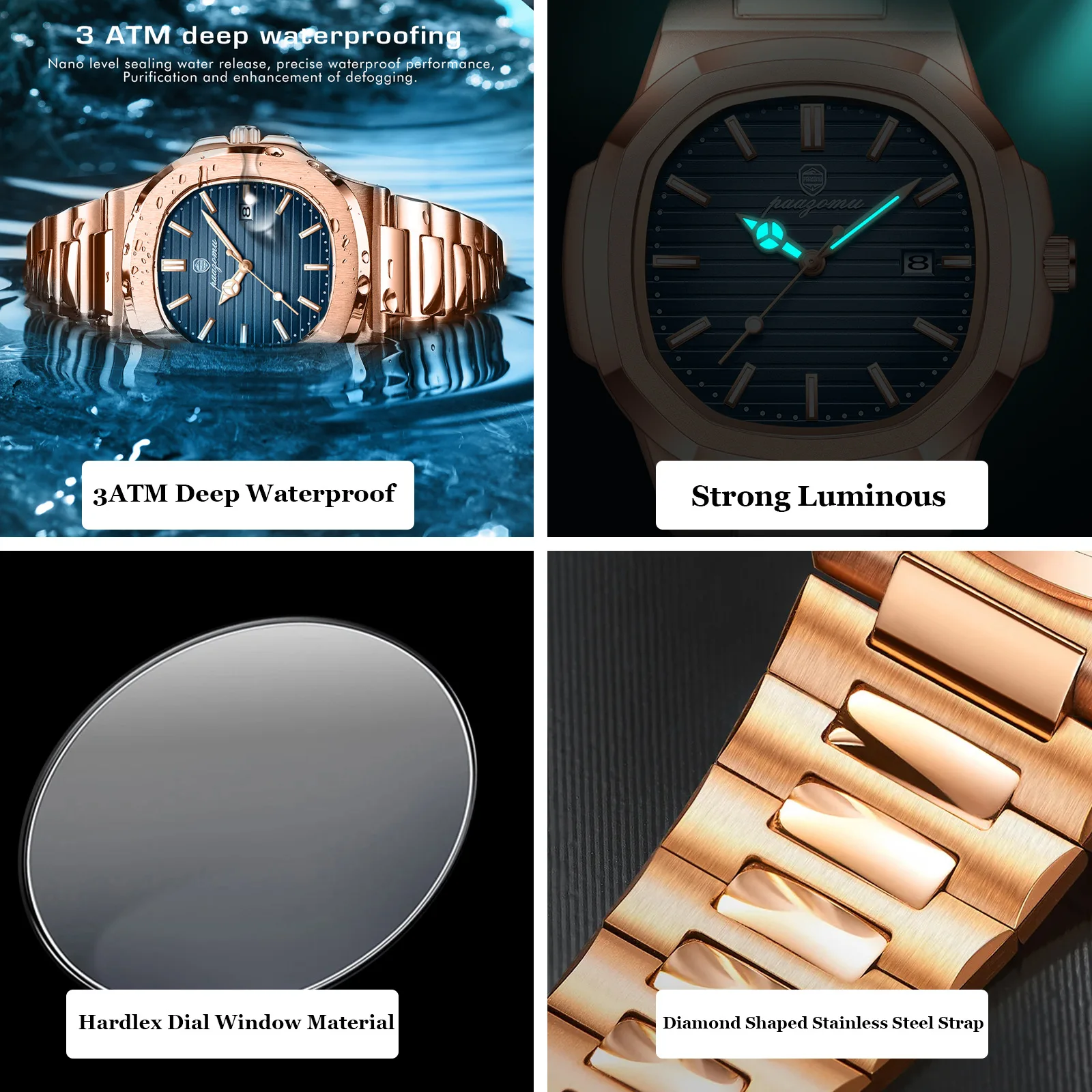 PAAZOMU Top Brand Luxury Men Wristwatch Square Quartz Watch Waterproof Luminous Date Stainless Steel Business Casual Male Clock thumbnail 5