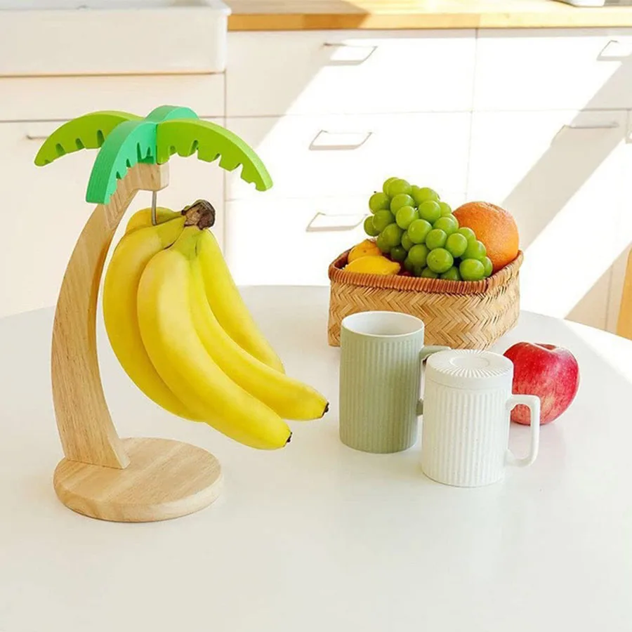 Natural Wooden Banana Hanging Rack with Simulated Leaf Ornament Vertical Fruit Storage Holder Sturdy Hook Design Countertop thumbnail 2