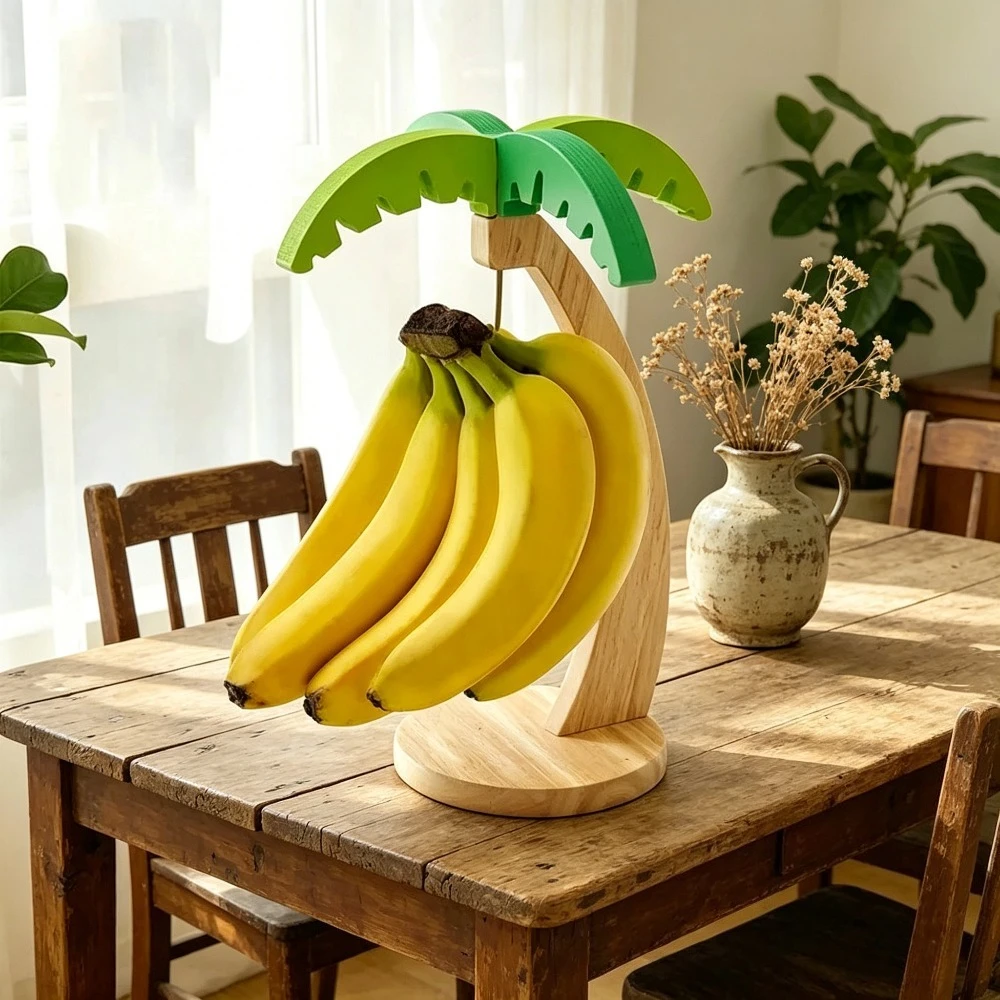 Natural Wooden Banana Hanging Rack with Simulated Leaf Ornament Vertical Fruit Storage Holder Sturdy Hook Design Countertop