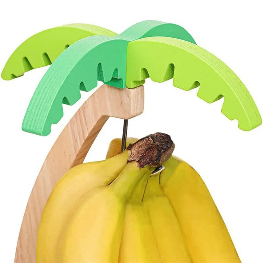 Natural Wooden Banana Hanging Rack with Simulated Leaf Ornament Vertical Fruit Storage Holder Sturdy Hook Design Countertop thumbnail 4