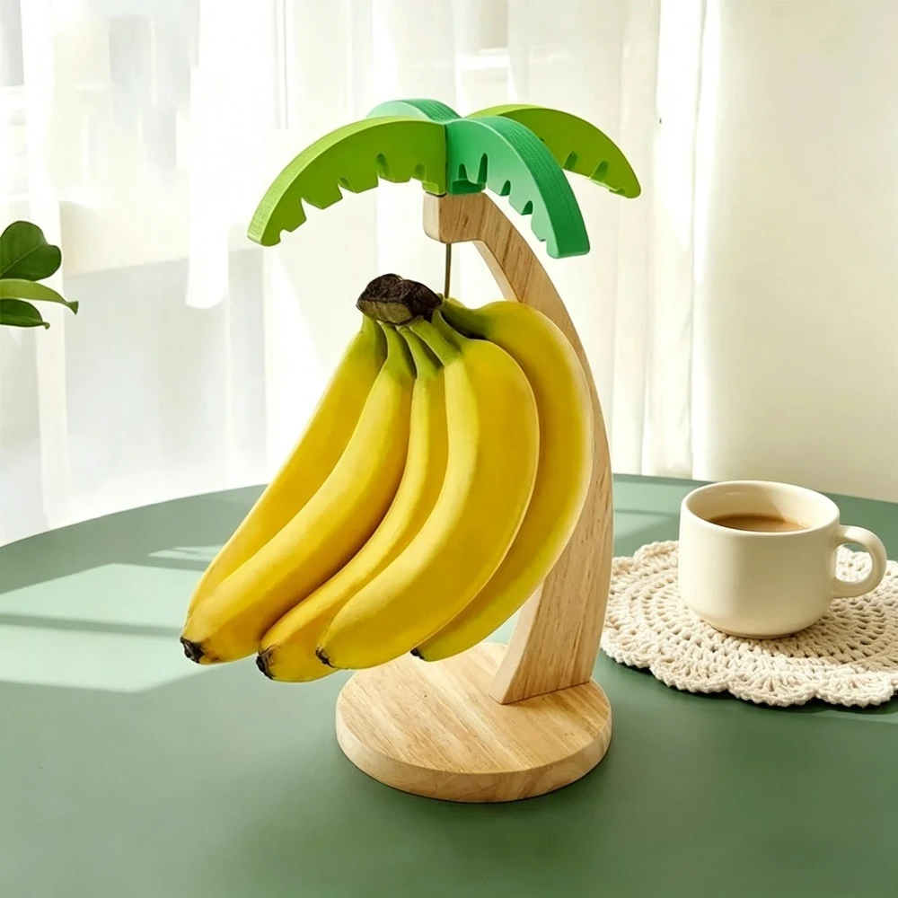 Natural Wooden Banana Hanging Rack with Simulated Leaf Ornament Vertical Fruit Storage Holder Sturdy Hook Design Countertop thumbnail 3