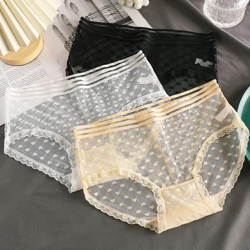 3Pcs Transparent Women's Panties Sexy Lady Perspective Panty Mesh Lace Panties Breathable Underpants Intimates Lingerie Briefs thumbnail 2