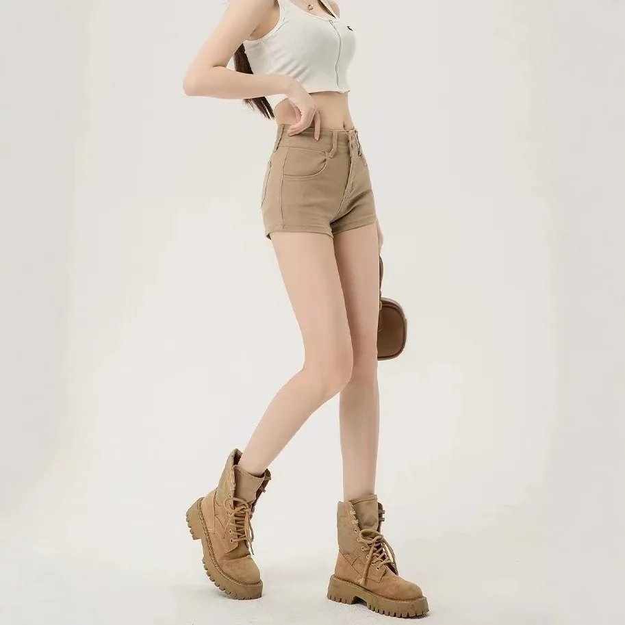 Spice Girl High Waist Double Button Hip Denim Shorts Women's 2026 Summer New Khaki Skinny Hip Hot Pants thumbnail 4