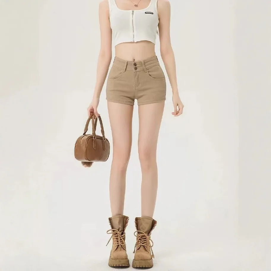 Spice Girl High Waist Double Button Hip Denim Shorts Women's 2026 Summer New Khaki Skinny Hip Hot Pants thumbnail 3