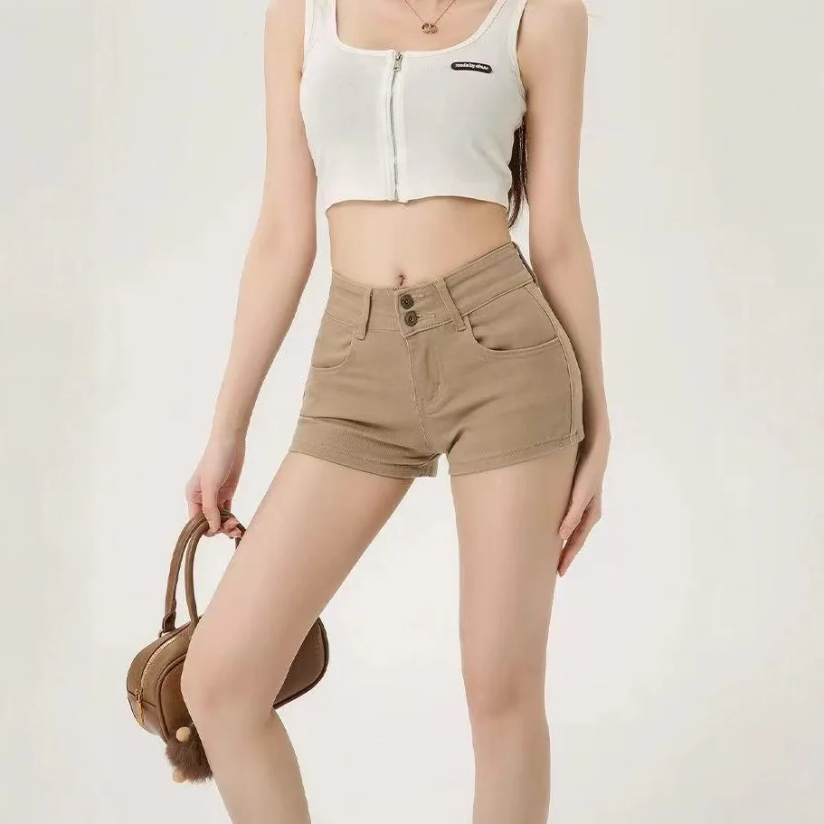 Spice Girl High Waist Double Button Hip Denim Shorts Women's 2026 Summer New Khaki Skinny Hip Hot Pants thumbnail 2