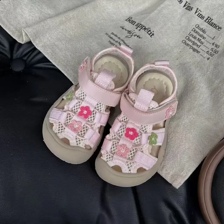 Toddler Girls' Closed-Toe Sandals, Breathable Mesh Flower Dress Shoes, Non-Slip Barefoot Summer Beach Sandals for Kids thumbnail 2