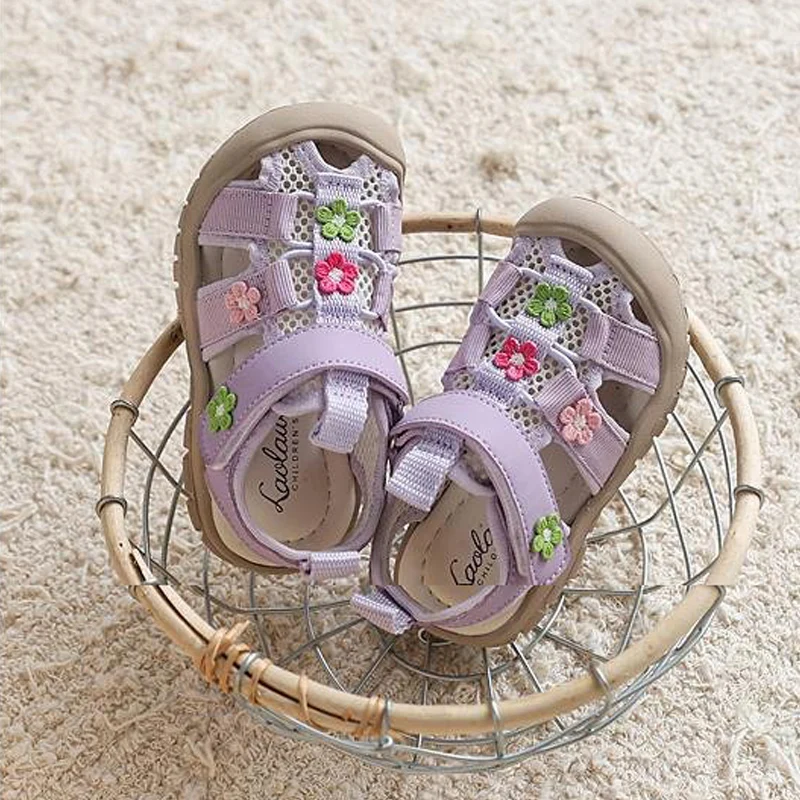 Toddler Girls' Closed-Toe Sandals, Breathable Mesh Flower Dress Shoes, Non-Slip Barefoot Summer Beach Sandals for Kids thumbnail 6