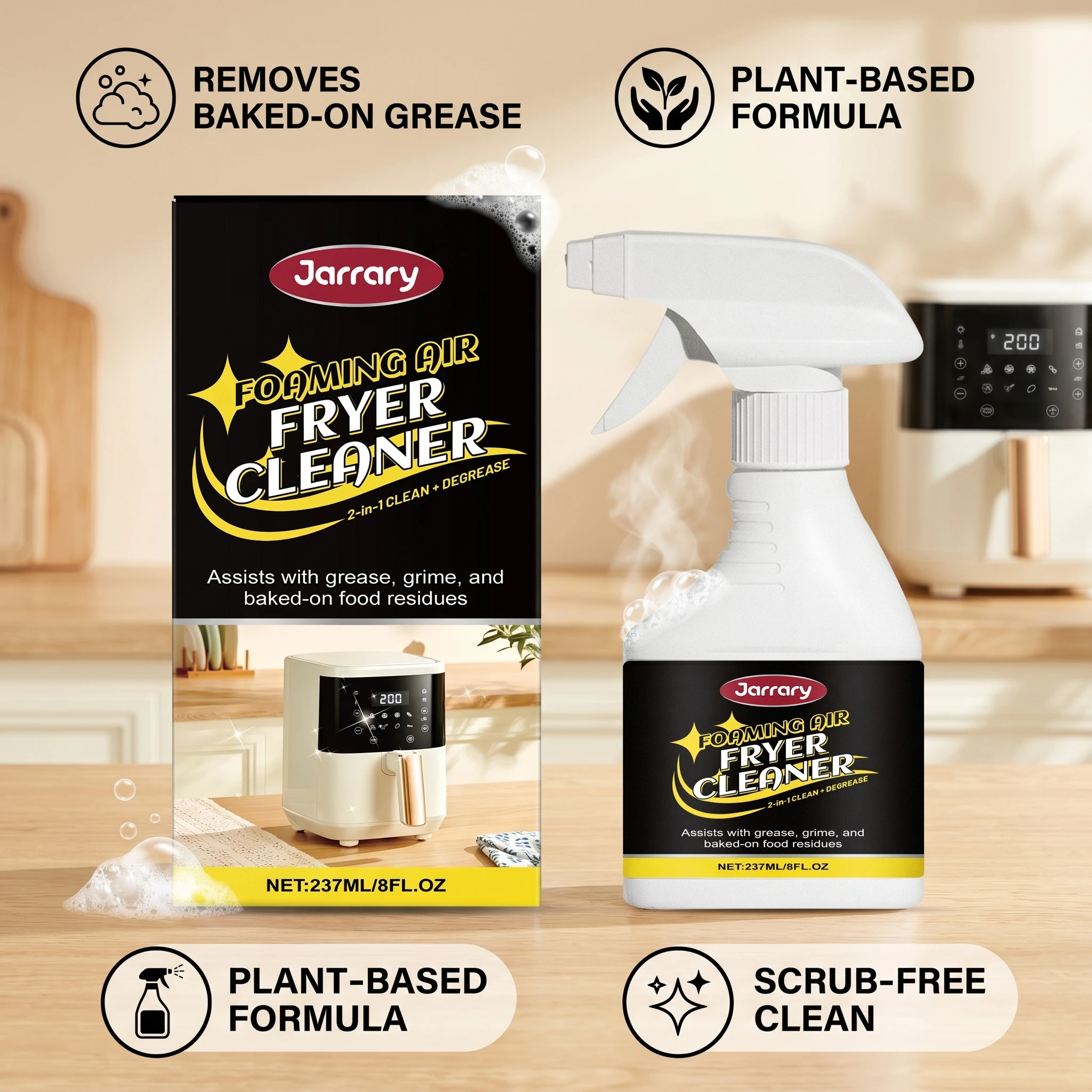 Air Fryer Cleaner 2-in-1 Clean Degrease Spray for Oven Microwave Remove Burnt Food Residue Tough Grime Kitchen Appliance Cleaner